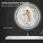 Miroir de salle de bain rond avec éclairage LED, intensité variable, fonction anti-buée, interrupteur tactile, noir