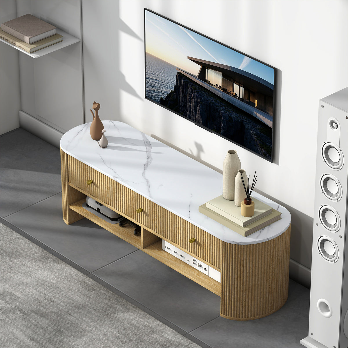 Meuble TV 140 cm, meuble télé pour téléviseur 65 pouces effet marbre 3 tiroirs façades à cannelures effet bois naturel
