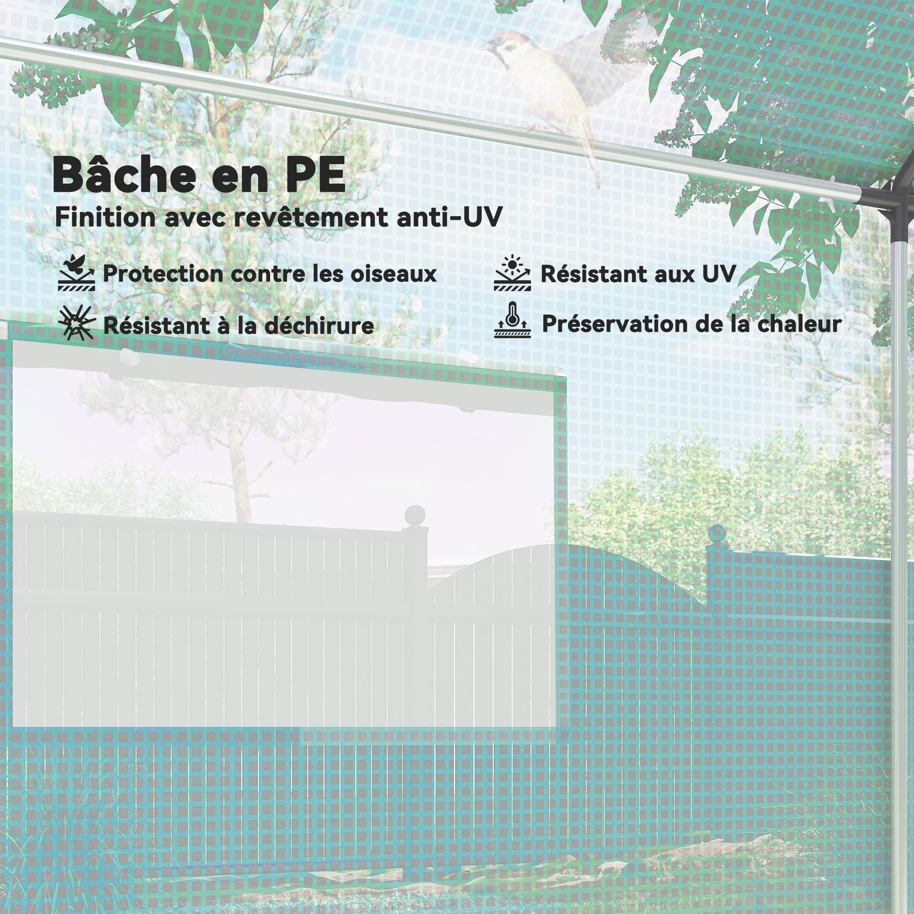 Serre de jardin tunnel 2 x 3m, 6m² avec porte enroulable, 4 fenêtres, - Acier galvanisé PE Haute densité Vert