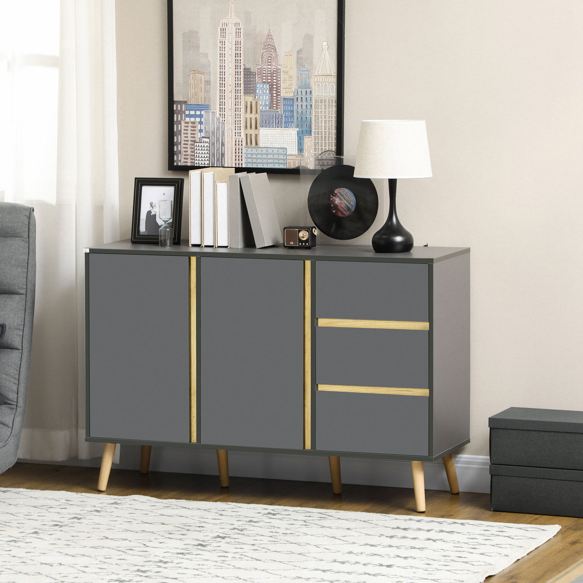 Skandinavisches Sideboard mit Füßen, Aufbewahrungsschrank, 2 Türen, 3 Schubladen, 120 x 40 x 80 cm, anthrazitgrau