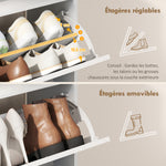 Meuble à chaussures 8 paires, armoire à chaussures, 2 tiroirs rabattables, étagères réglables et compartiment, blanc
