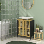 Mueble bajo lavabo de 2 puertas con estante ajustable, armario de almacenamiento para lavabo, 60 x 30 x 70 cm, MDF y bambú