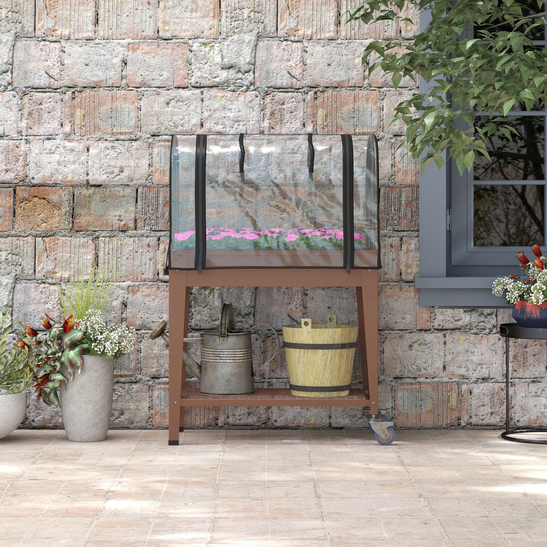 Jardinière surélevée avec bâche transparente, 2 roulettes et 1 étagère inférieure, dim. 80L x 40l x 120H cm