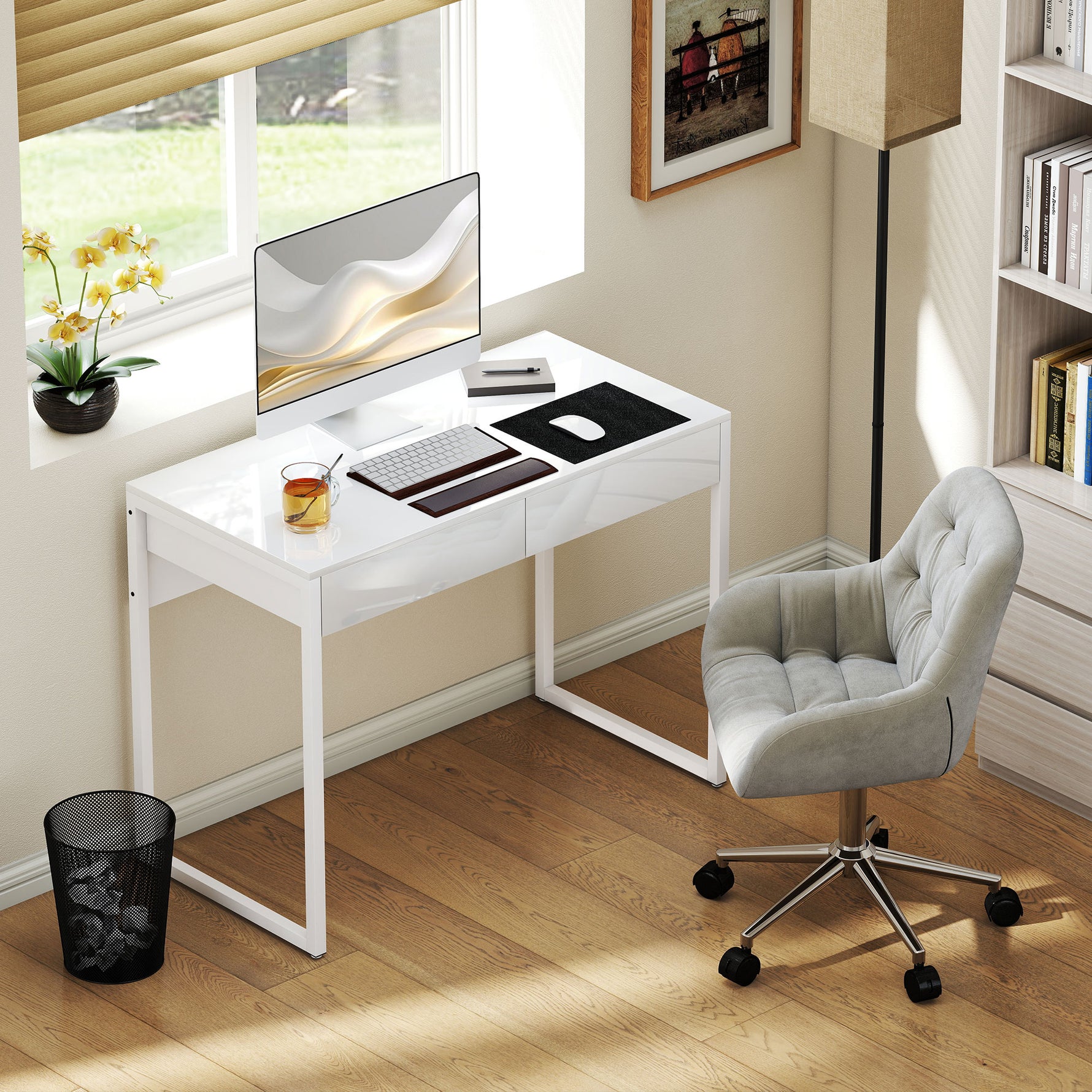 Bureau avec 2 tiroirs, table d'ordinateur 100 x 50 cm, bureau moderne pied en acier, pour petits espaces, blanc brillant