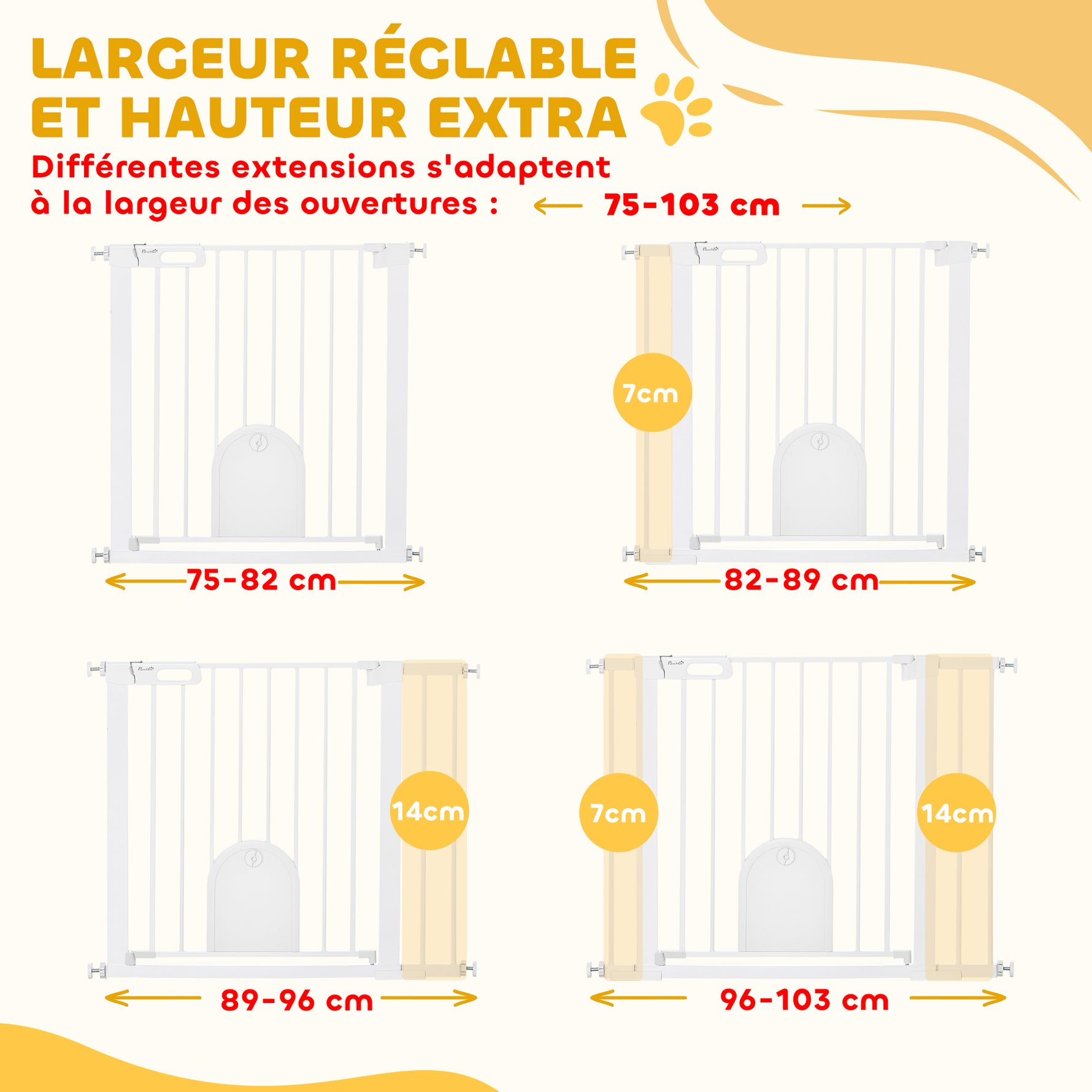 Barrière de sécurité animaux avec porte fermeture automatique système de double verrouillage, acier blanc