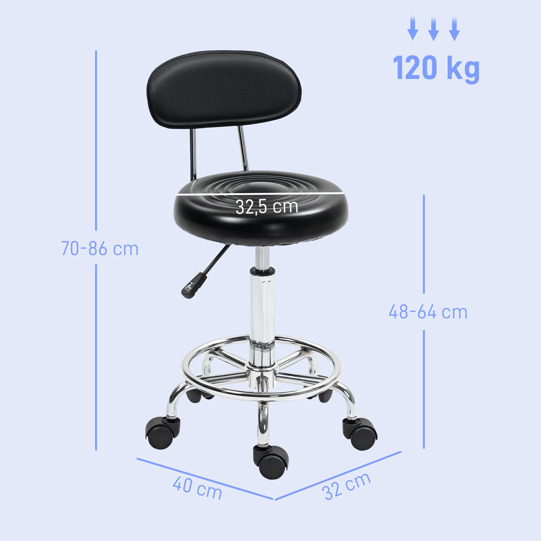 Tabouret à roulettes, tabouret de massage avec hauteur réglable 70-86 cm et dossier, pivotant 360°, noir