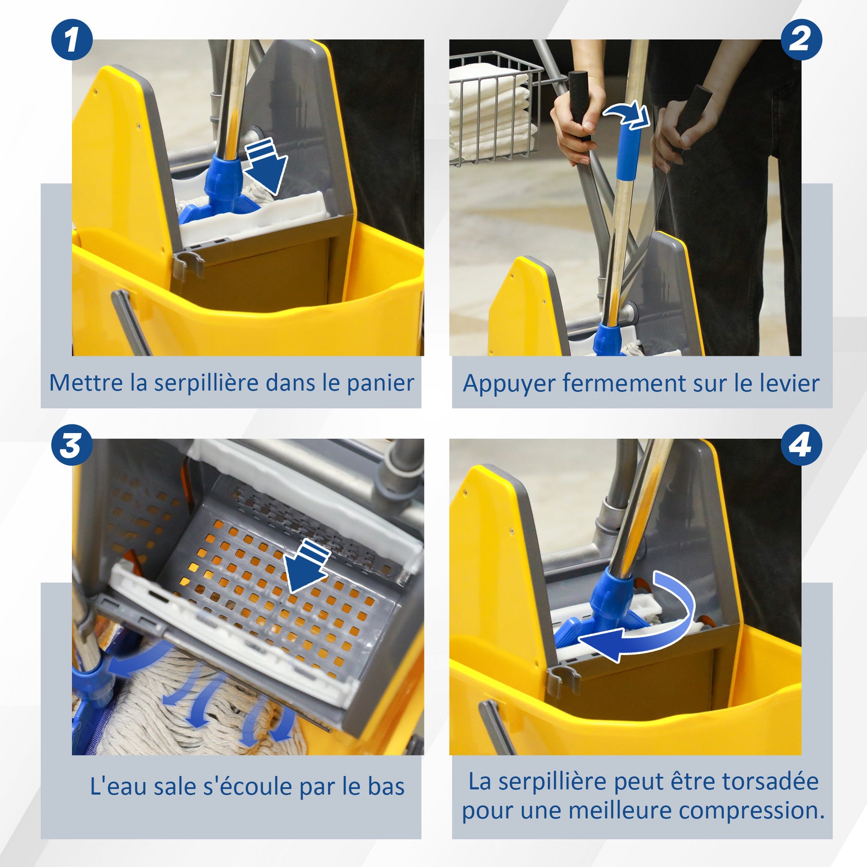 Chariot de lavage chariot de ménage professionnel presse à mâchoire seau 26 L + panier de rangements jaune