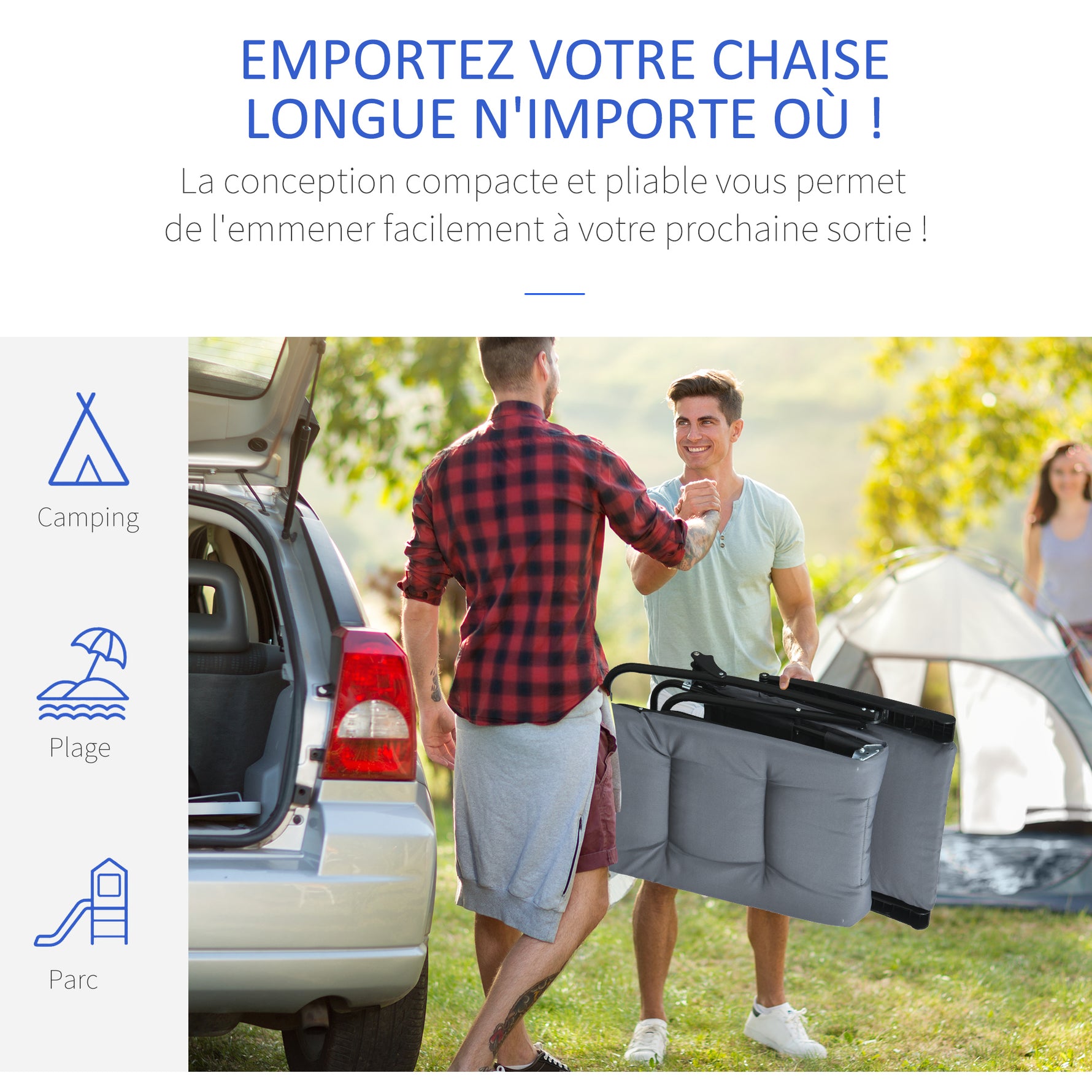 Bain de soleil pliable transat inclinable 6 positions avec matelas + accoudoirs acier polyester gris