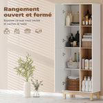 Meuble de Salle de Bain, Meuble de Rangement, 2 Portes, 4 Compartiments Ouverts et Étagères Réglables, Blanc et Naturel