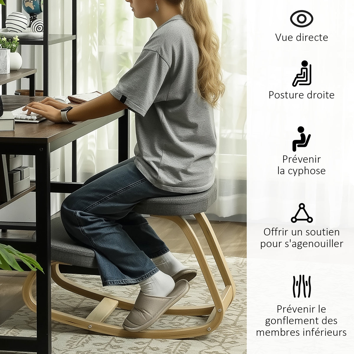 Belauneko aulkia, egurrezko aulki ergonomiko kulunkaria, etxeko bulegorako belauneko aulkia, grisa