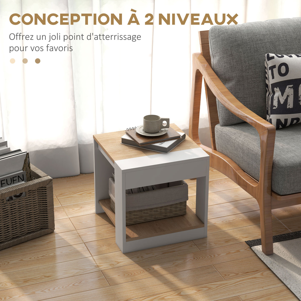 Lot de 2 tables d'appoint bout de canapé table de chevet 40 x 40 x 45 cm - blanc et naturel