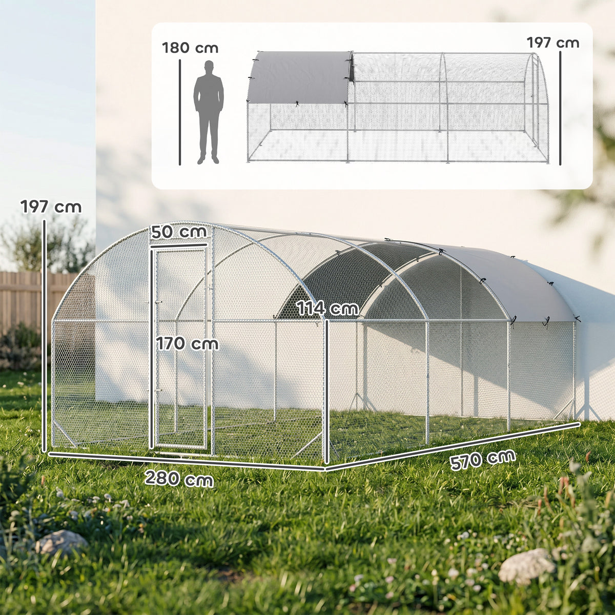 Grande recinto per pollaio 15,96 ㎡, parco recintato, tetto anti-UV, porta bloccabile, 2,8 x 5,7 x 1,97 m, argentato