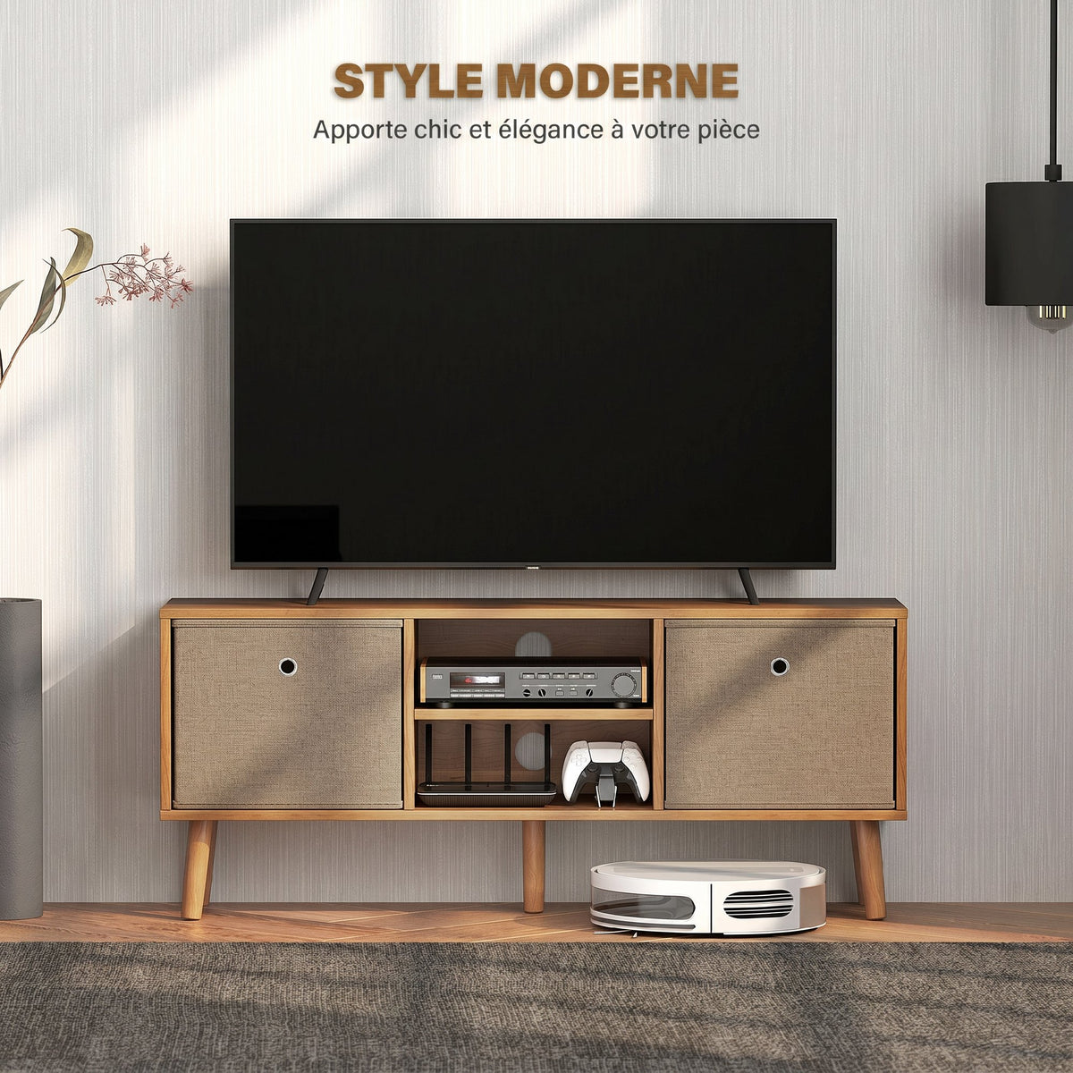 Meuble TV bas sur pieds style contemporain avec 2 tiroirs en tissu dim. 110L x 29l x 46,5H cm - passe-câbles - MDF