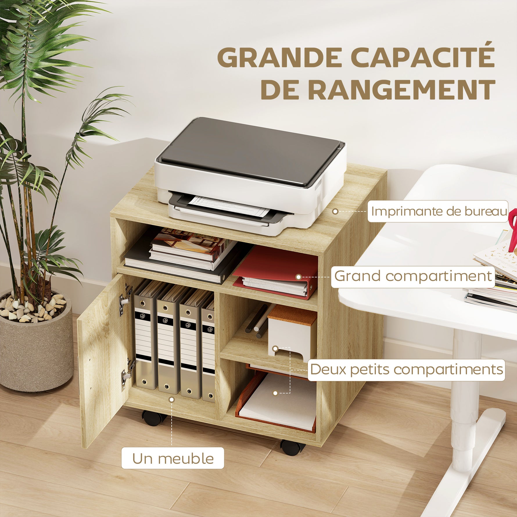 Support d'imprimante organiseur bureau caisson placard porte 3 niches + grand plateau panneaux particules bois naturel
