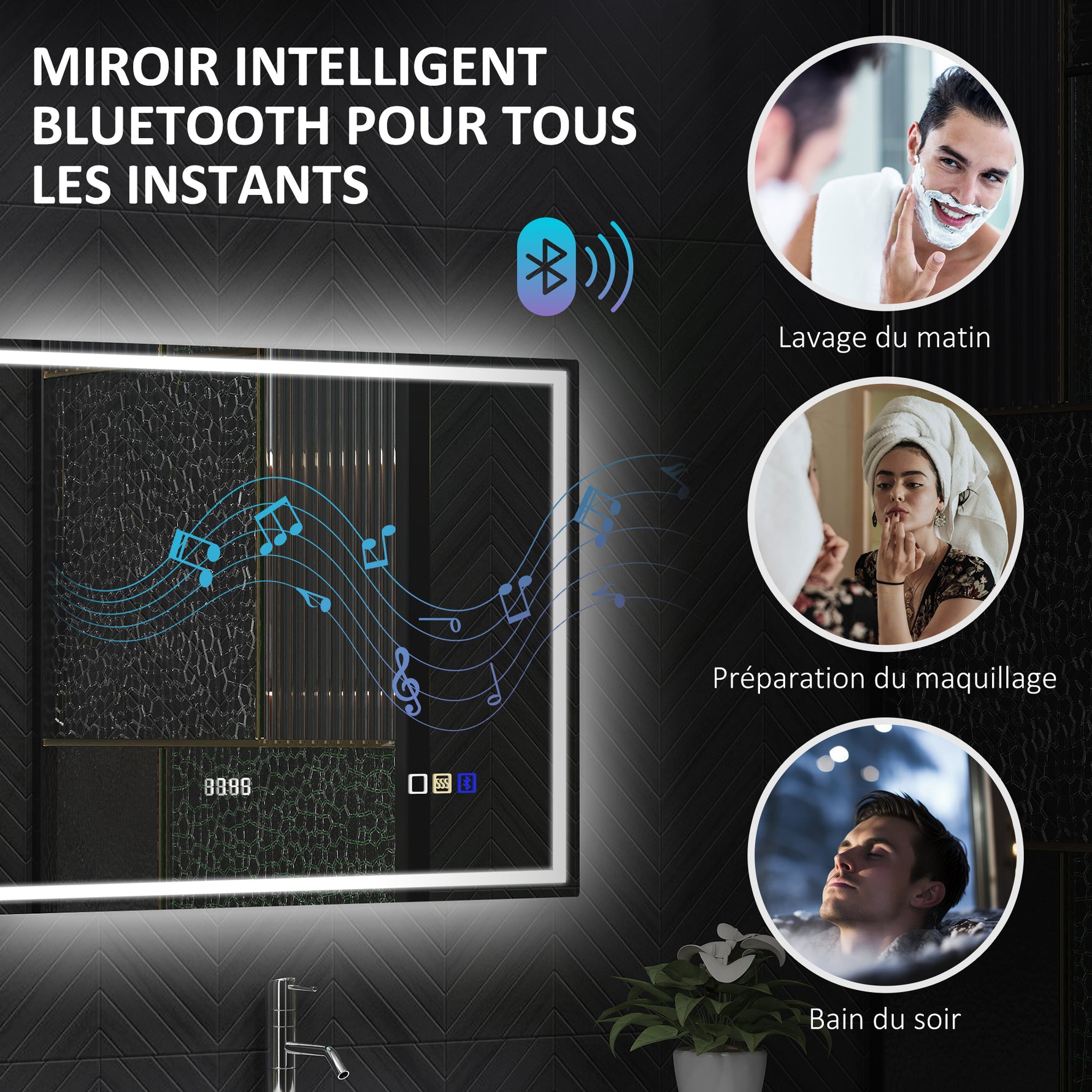Miroir salle de bain LED bluetooth 60 x 80 cm interrupteur tactile lumière réglable 3 couleurs anti-buée mémoire argent