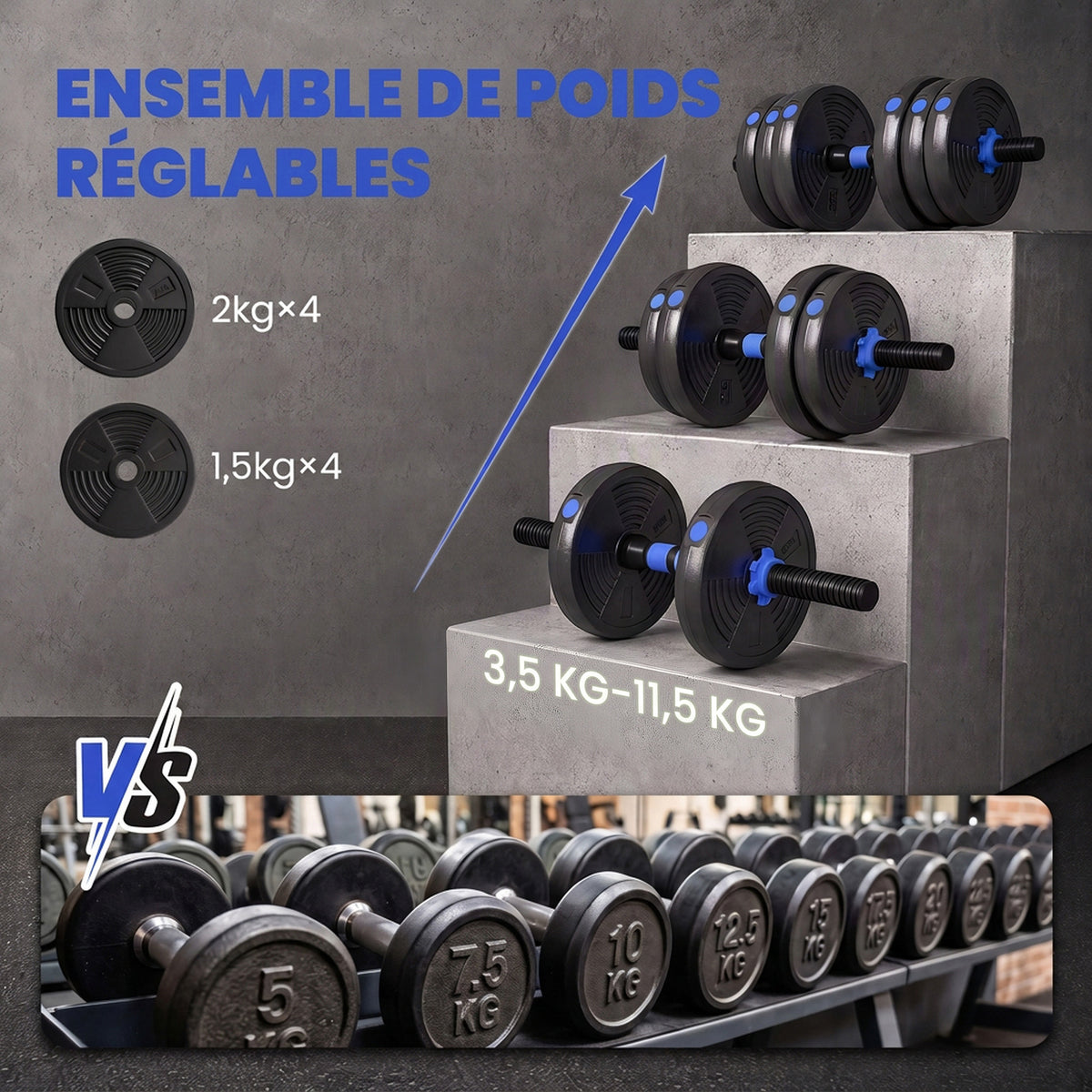 Kit haltères musculation haltères réglables 15 kg 3 en 1, ensemble de poids réglable avec barre d'extension noir