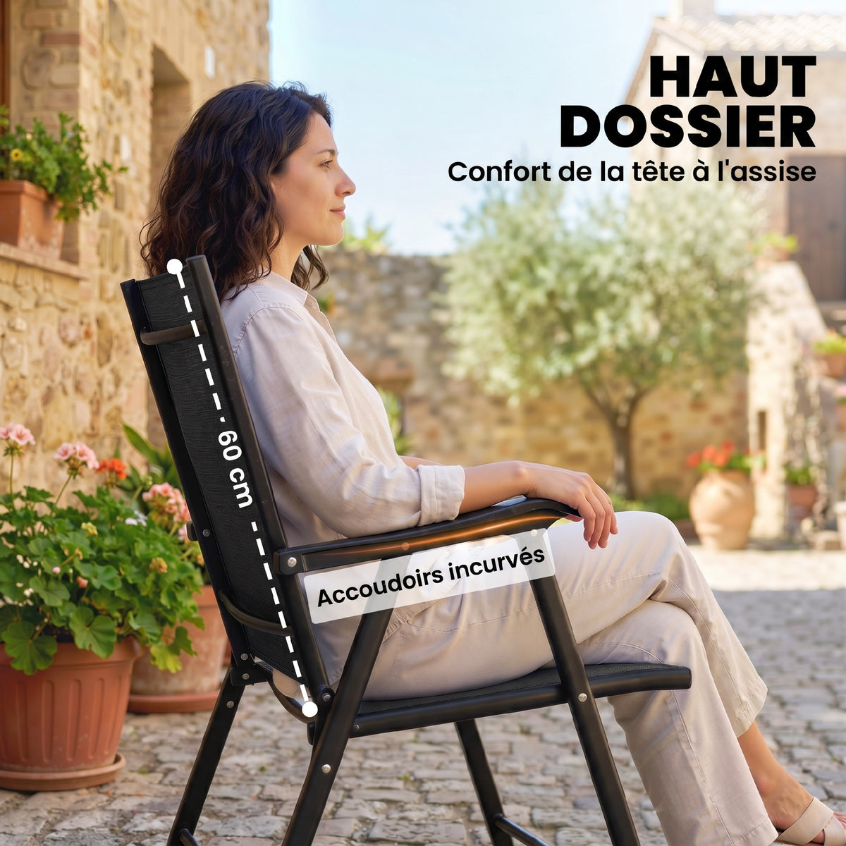 Lot de 4 Chaises de Jardin Pliantes Structure Acier Robuste sans Montage Dossier Haut Ergonomique 58x62x97cm Noir