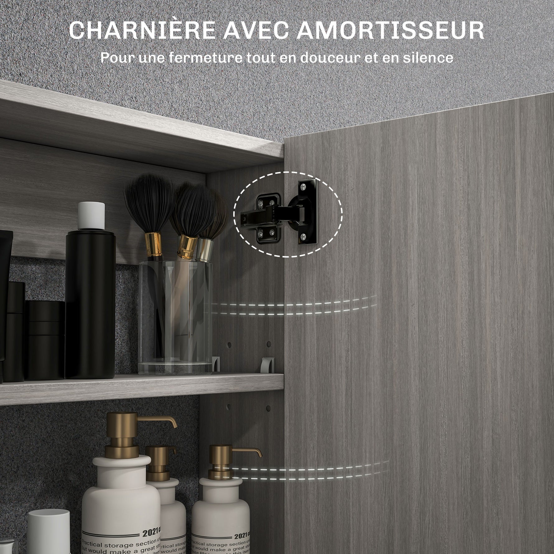 Armoire murale salle de bain avec miroir, meuble salle de bain, double portes et étagères réglables, 80x15x60cm, gris