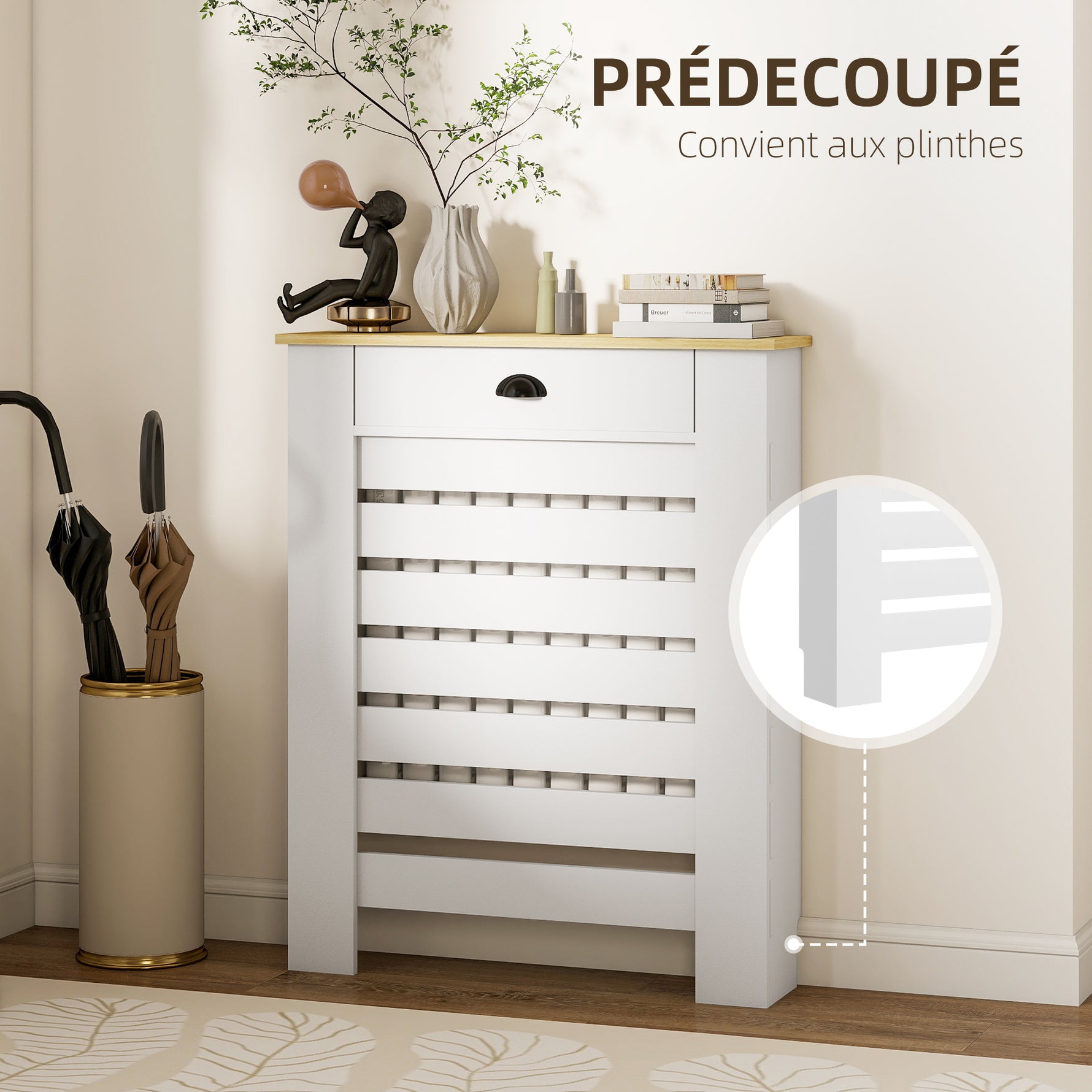 Couvercle de radiateur cache radiateur grille à lattes horizontales avec 2 tiroirs en bois 78l x 19P x 95,5H cm blanc
