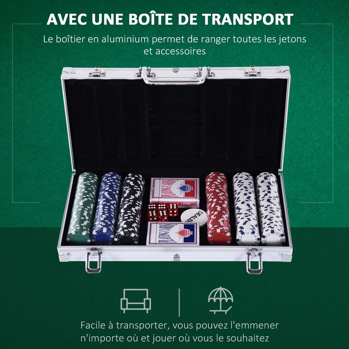Mallette de Poker Coffret de Poker Complet avec 300 jetons 2 Jeux de Cartes + 2 clés Aluminium