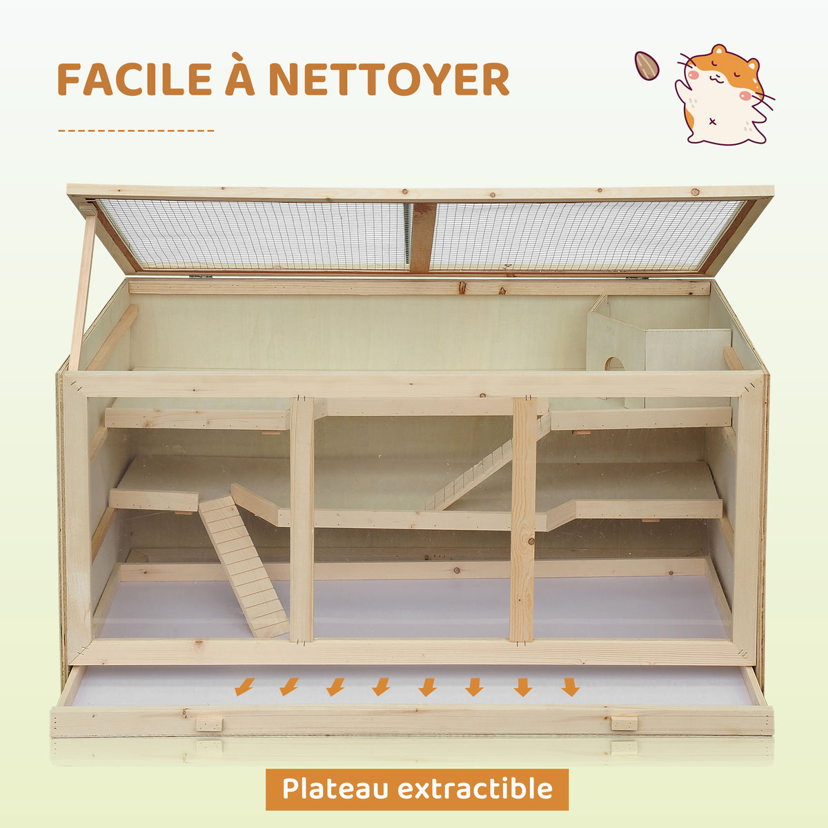 Jaula para hámster y jerbos de 2 niveles con techo abatible, ventanas, caseta y 2 escaleras, 115 x 57 x 55 cm, efecto madera natural