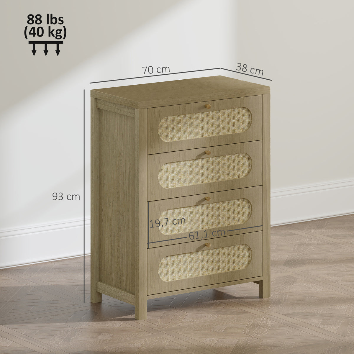 Commode 4 tiroirs meuble de rangement style bohémienne avec portes résine tressée, 70 x 38 x 93 cm, effet bois naturel