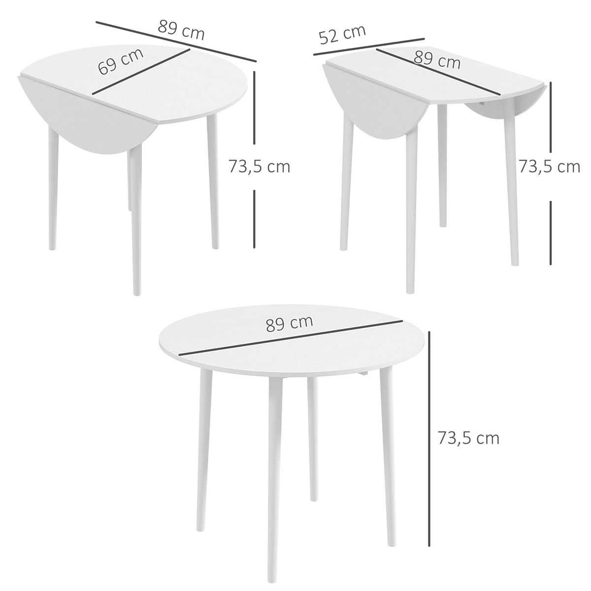 Table de salle à manger pliante 2 abattants, table ronde extensible pour 4 personnes, pieds en bois Ø 89 x 73,5 cm, blanc