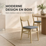 Lote de 2 sillas de comedor, sillas de cocina, asiento tapizado en lino, respaldo curvado, gris y madera natural