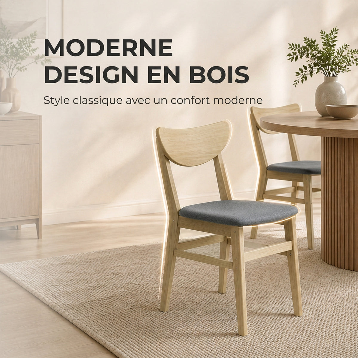 Lote de 2 sillas de comedor, sillas de cocina, asiento tapizado en lino, respaldo curvado, gris y madera natural