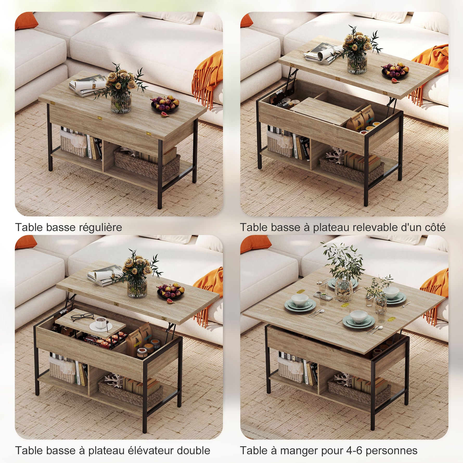 Table basse relevable et extensible, table de salon avec compartiment caché étagères ouvertes, 98x49x55cm, bois naturel