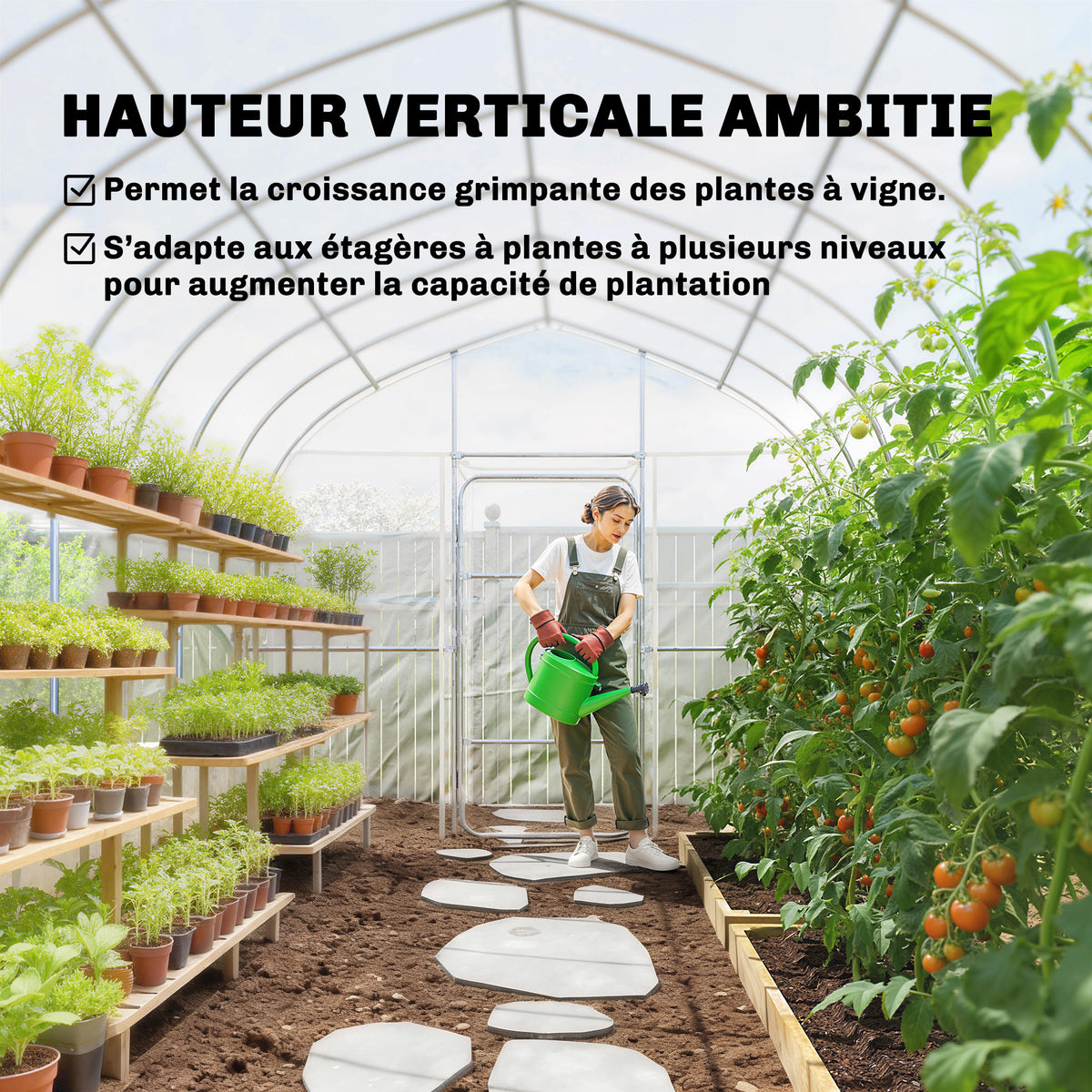 Serre Tunnel de Jardin 12m² Film PO Anti-goutte Acier Galvanisé 25mm Structure Renforcée 2 Portes Battantes Transparent