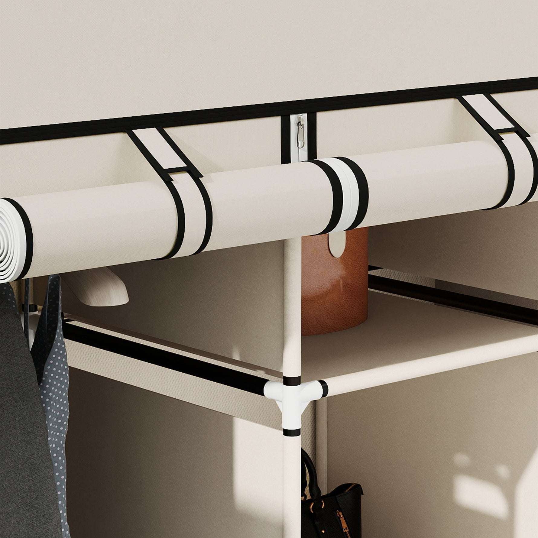 Armoire penderie multi-rangement - 8 étagères, 2 barres - non tissé crème