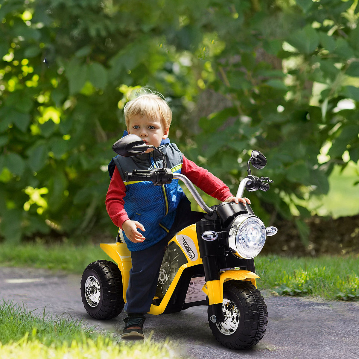Moto électrique Enfant Chopper Tout-Terrain 6 V 20 W Marche AV AR 3 Roues Effets Lumineux et sonores Jaune Noir