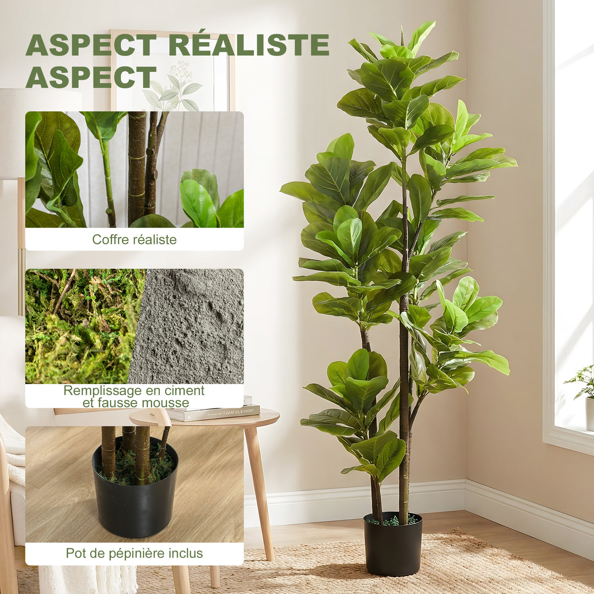Lot de 2 plantes artificielles intérieures 150 cm, fausse plante à figuier lyre avec pot en ciment, vert
