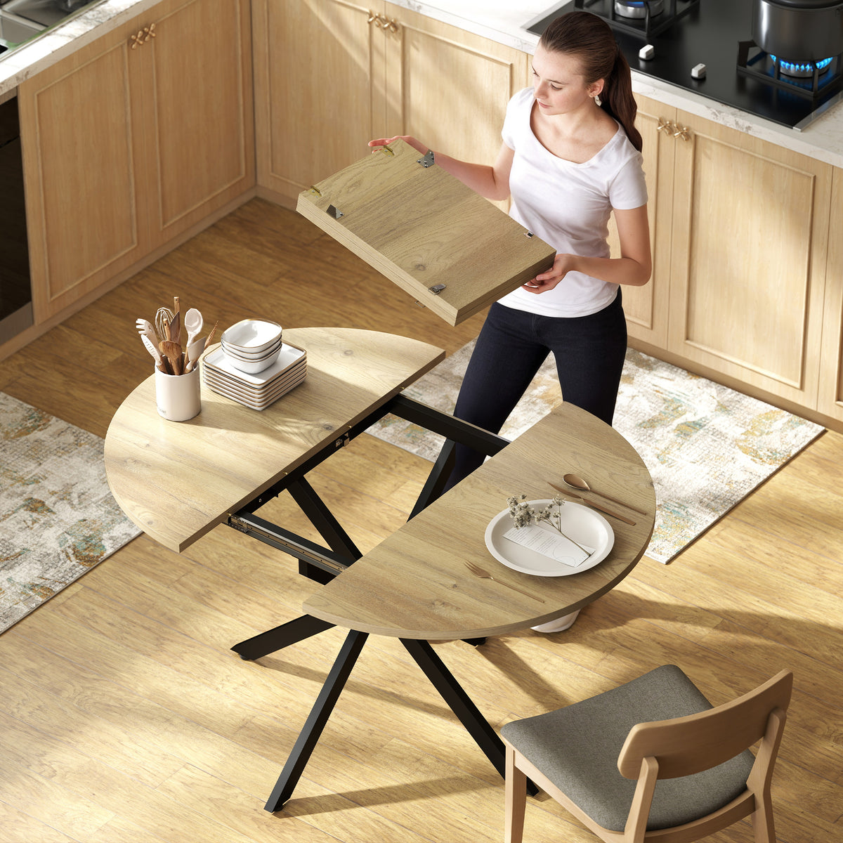 Tavolo da pranzo ovale allungabile per 4-6 persone, tavolo da cucina con allunga 100-135 cm, effetto legno naturale