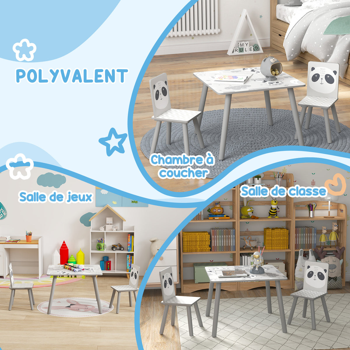 Kindertisch- und Stuhlset, Kindertisch mit 2 Stühlen, Tiermotiv für das Kinderzimmer grau