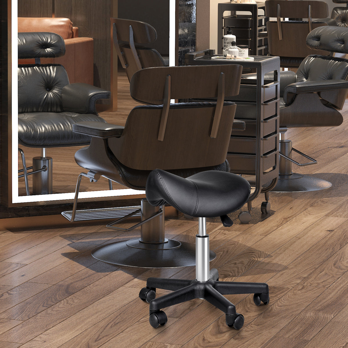 Tabouret à roulettes, tabouret de massage avec hauteur réglable 43-55 cm et selle ergonomique, chaise de travail à roulettes pivotant 360°, pour salon de massage, tatouage, clinique, spa, noir