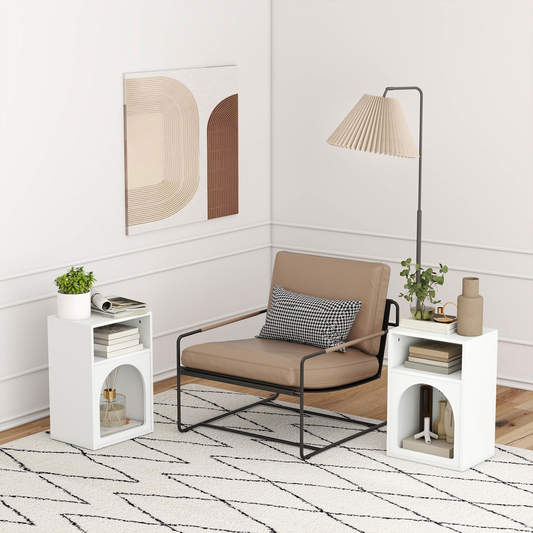 Lot de 2 tables de chevet, table de nuit avec compartiments ouverts, design arqué, 40 x 30 x 60 cm, blanc