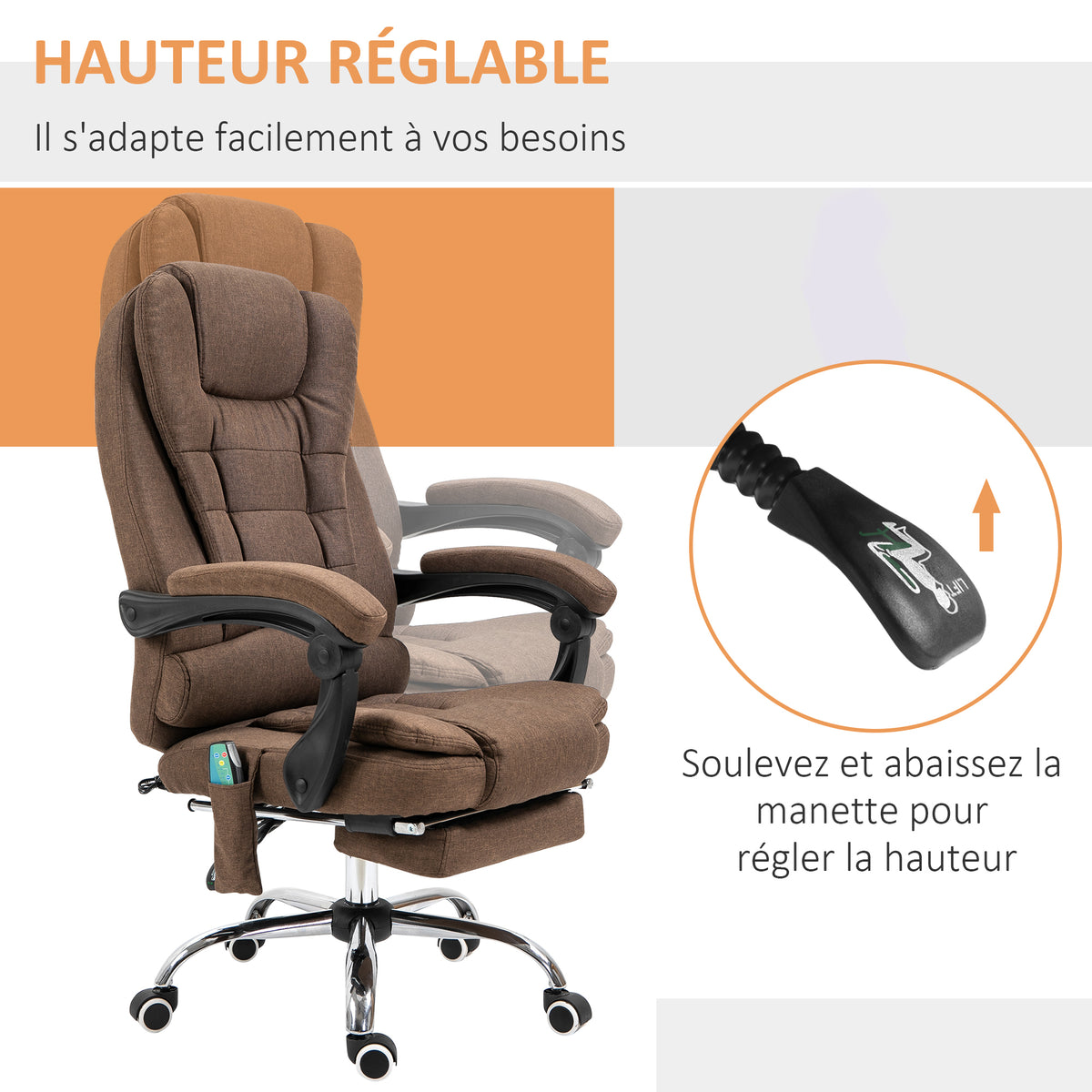 Poltrona da ufficio direzionale massaggiante e riscaldante, altezza regolabile, schienale reclinabile, poggiapiedi + cuscino lombare