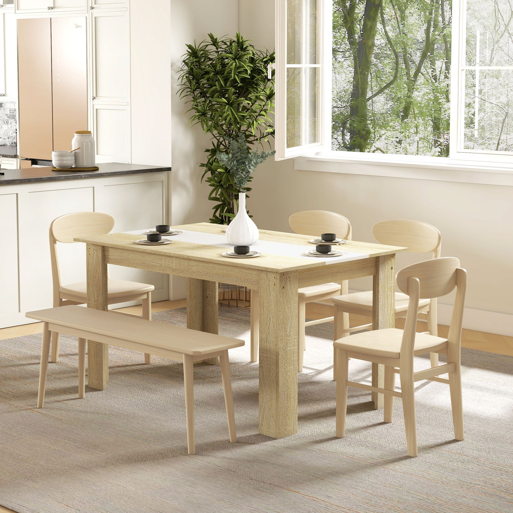 Table de salle à manger pour 6 personnes en bois aspect naturel et blanc, dim. 140L x 90l x 75H cm