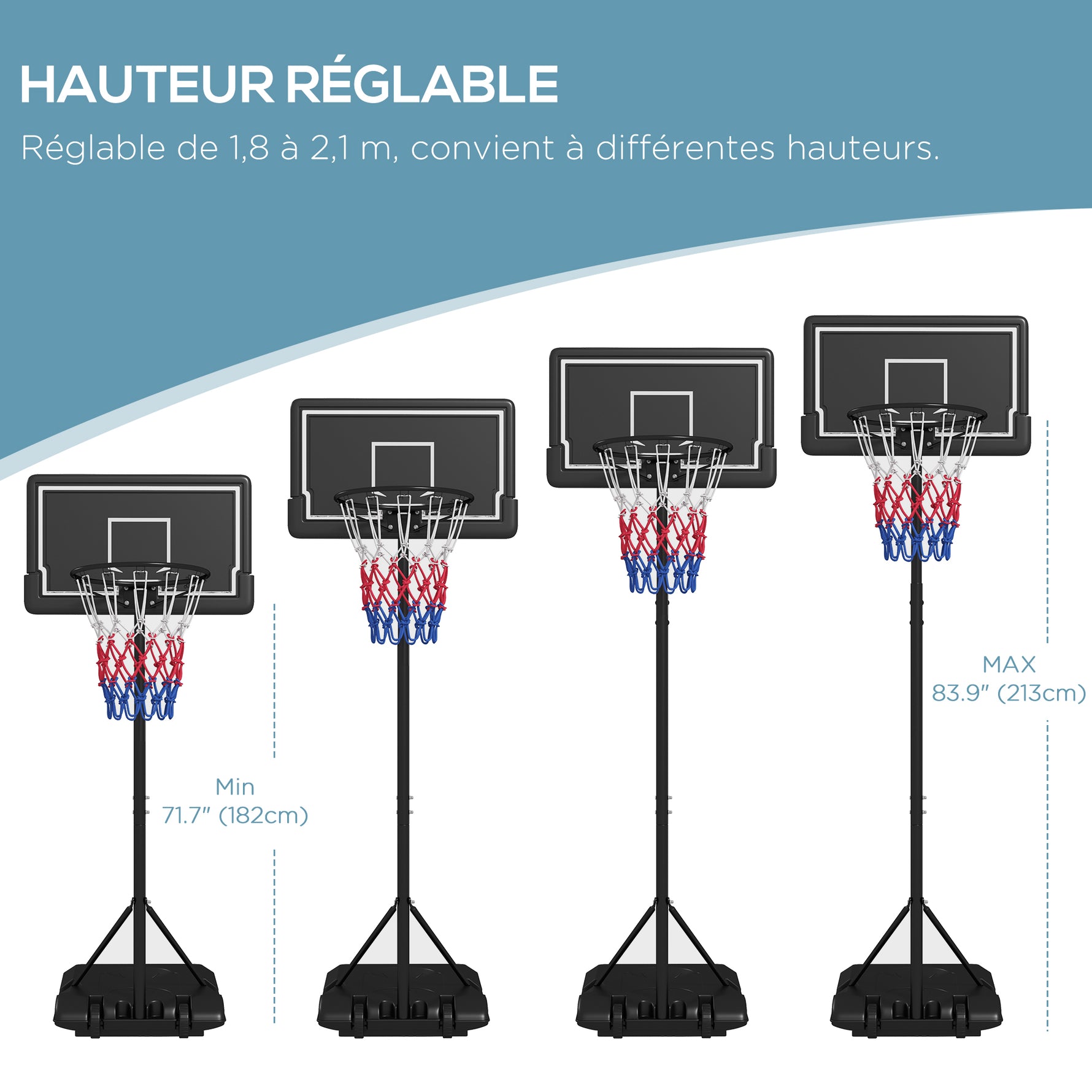 Panier de basket extérieur hauteur ajustables 182-213/220-250 cm panier de basket sur pied à roulettes noir