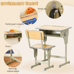 Bureau enfant Vintage style pupitre d'écolier - ensemble bureau et chaise réglable - case de rangement, bracket, range-stylos - acier kaki MDF aspect bois clair