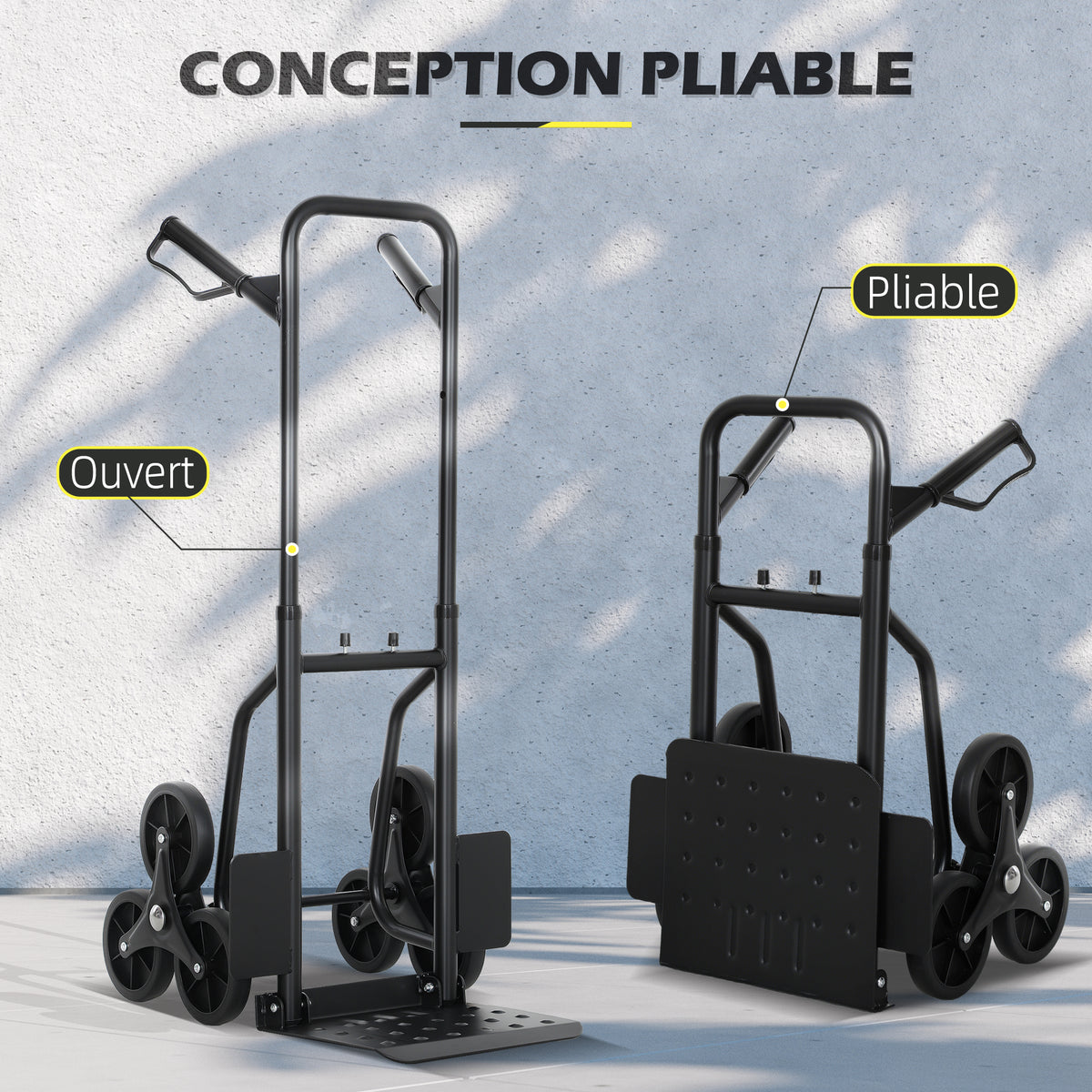 Klappbare Treppensackkarre 120 kg mit 6 Rädern, Stahl-Transportkarre mit Spanngurten, 44x67x106,5 cm, schwarz