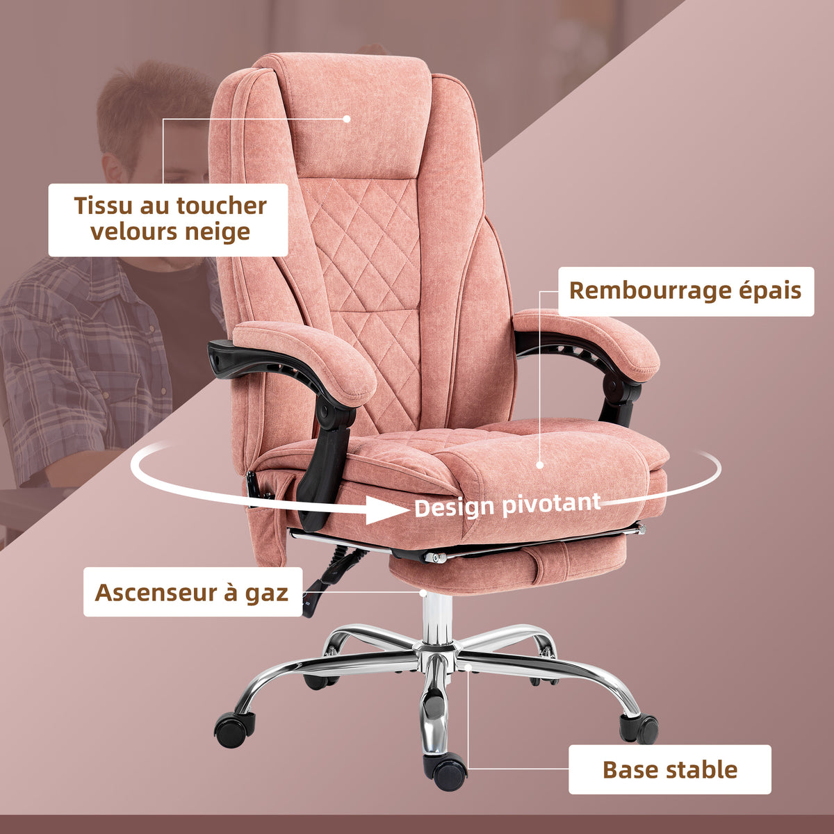 Fauteuil de bureau massant et chauffant hauteur réglable dossier inclinable télécommande repose-pieds rétractable rose