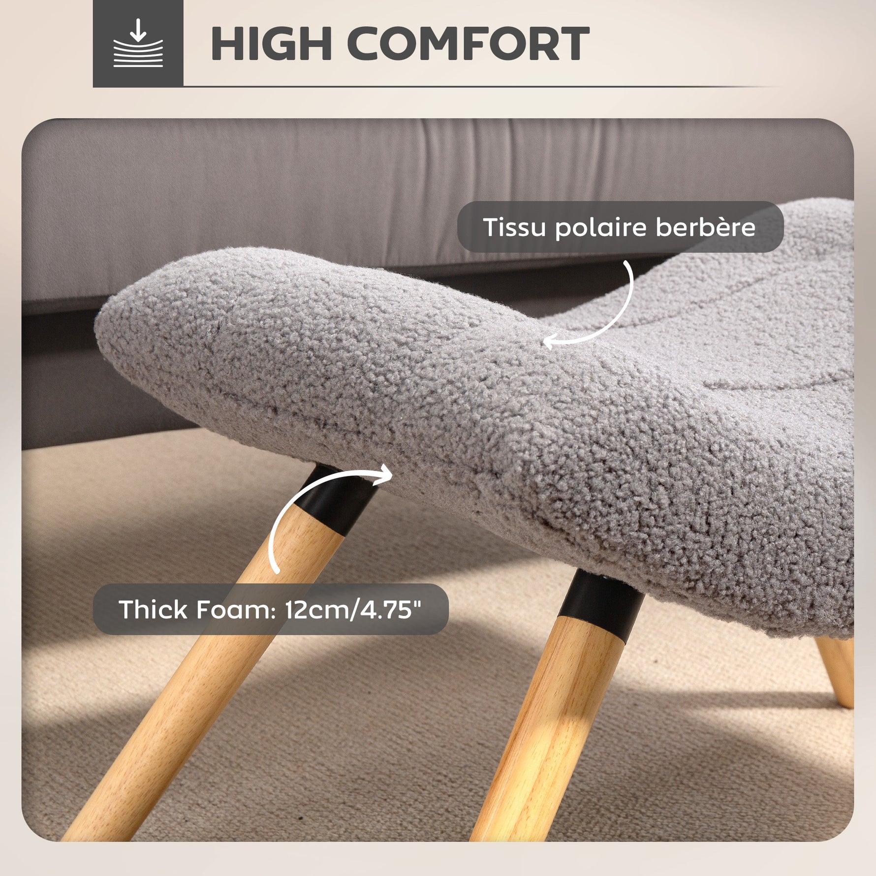 Repose pied salon ottoman pouf salon tabouret de canapé en tissu avec pieds en bois de hêtre, siège rembourré, gris