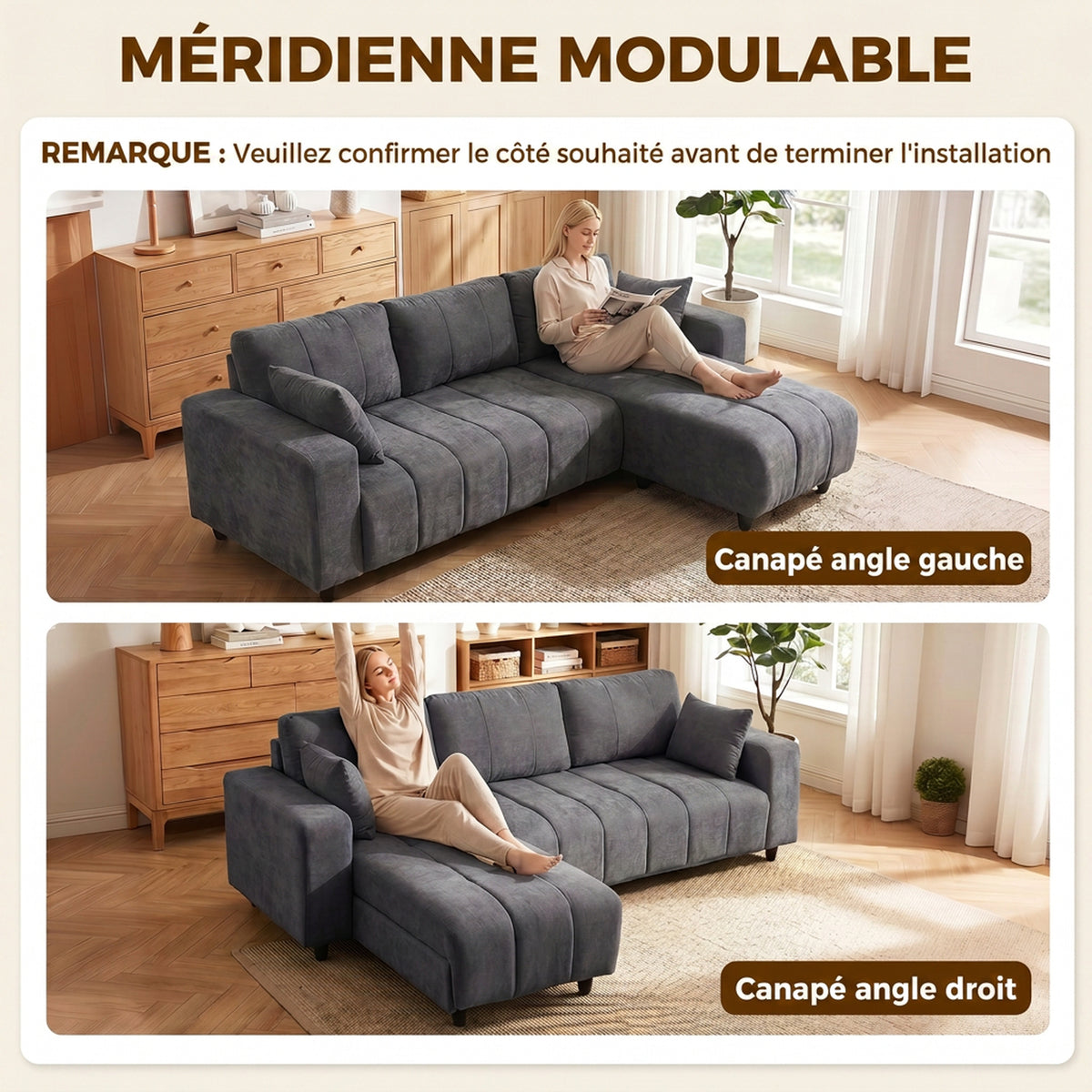 Canapé d'Angle Modulable 242 cm, Canapé 4 Places en L avec Méridienne Réversible, 2 Oreillers, Tissu Aspect Lin, Gris