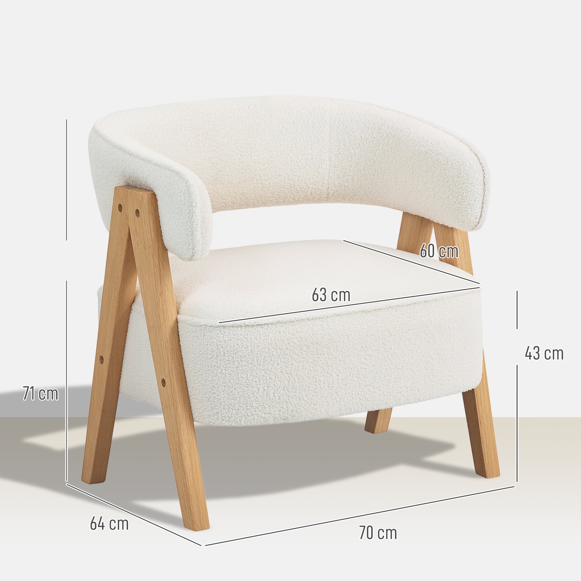 Bouclé fabric lounge chair, upholstered chair, wide seat, ergonomic backrest, 70 x 64 x 71 cm, white