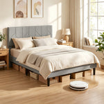 Cadre de Lit 140 x 190 cm avec Sommier et Tête Réglable, Lit Double Rembourré en Lin, Rangement au-dessous, Gris