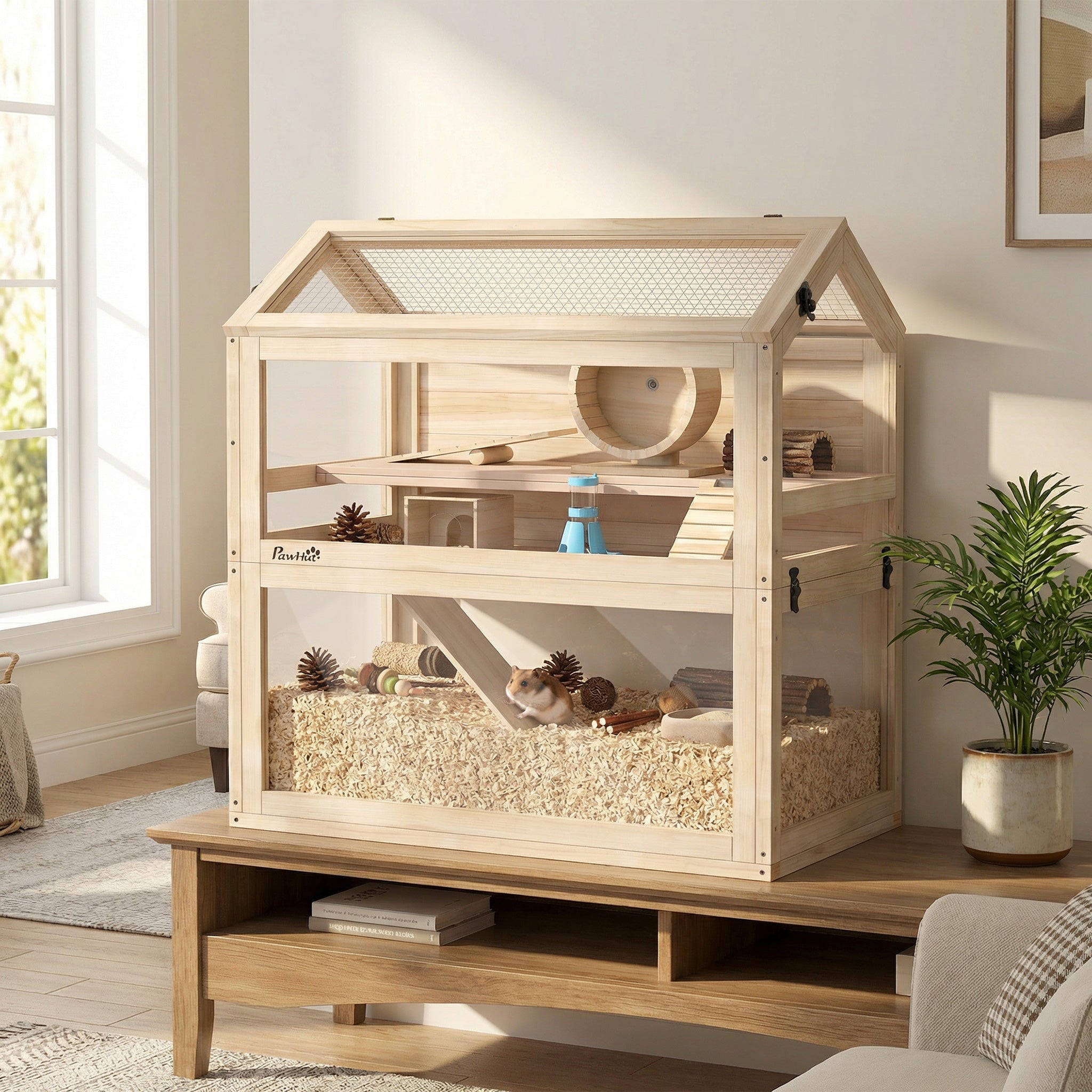 Hábitat para hámster y roedores, 3 niveles, bandeja estanca, paneles acrílicos con visión de 360°, accesorios, 76x45,5x77 cm, madera