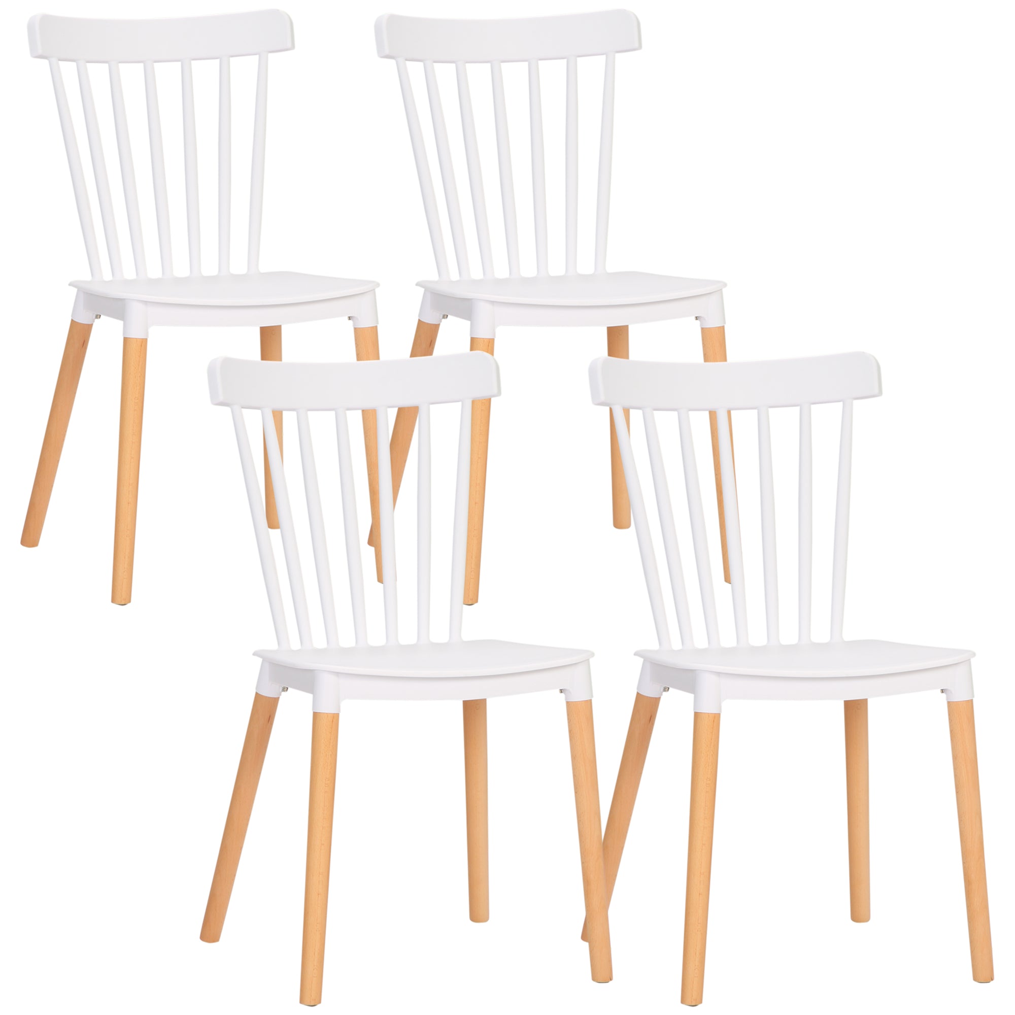 Juego de 4 sillas de estilo escandinavo, respaldo alto, asiento de polipropileno, patas de haya, 48 x 52,5 x 83 cm, blancas